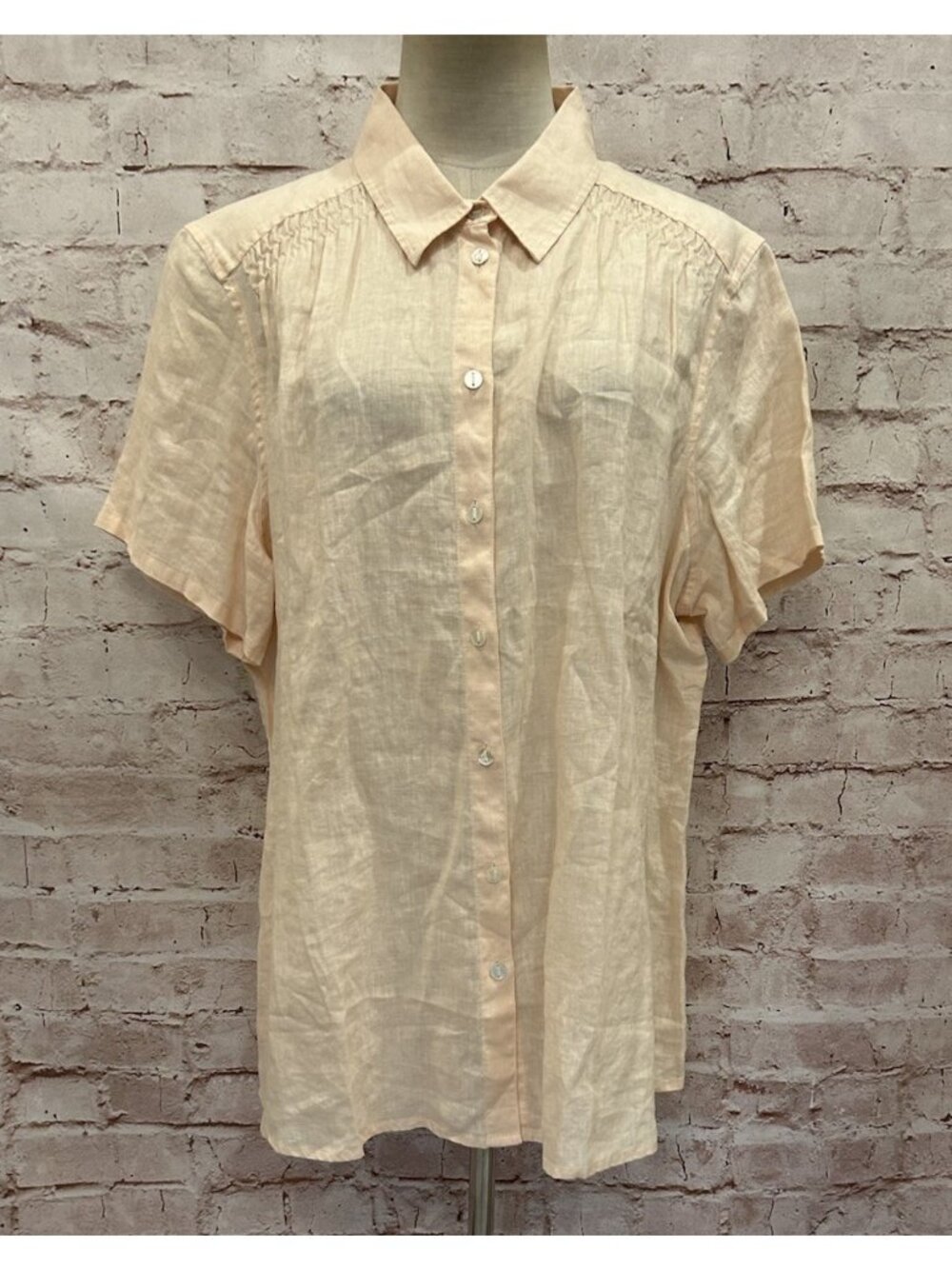 J. Jill Womens XL 100% Linen Short Sleeve Smocked Button Down Shirt Sorbet Peach